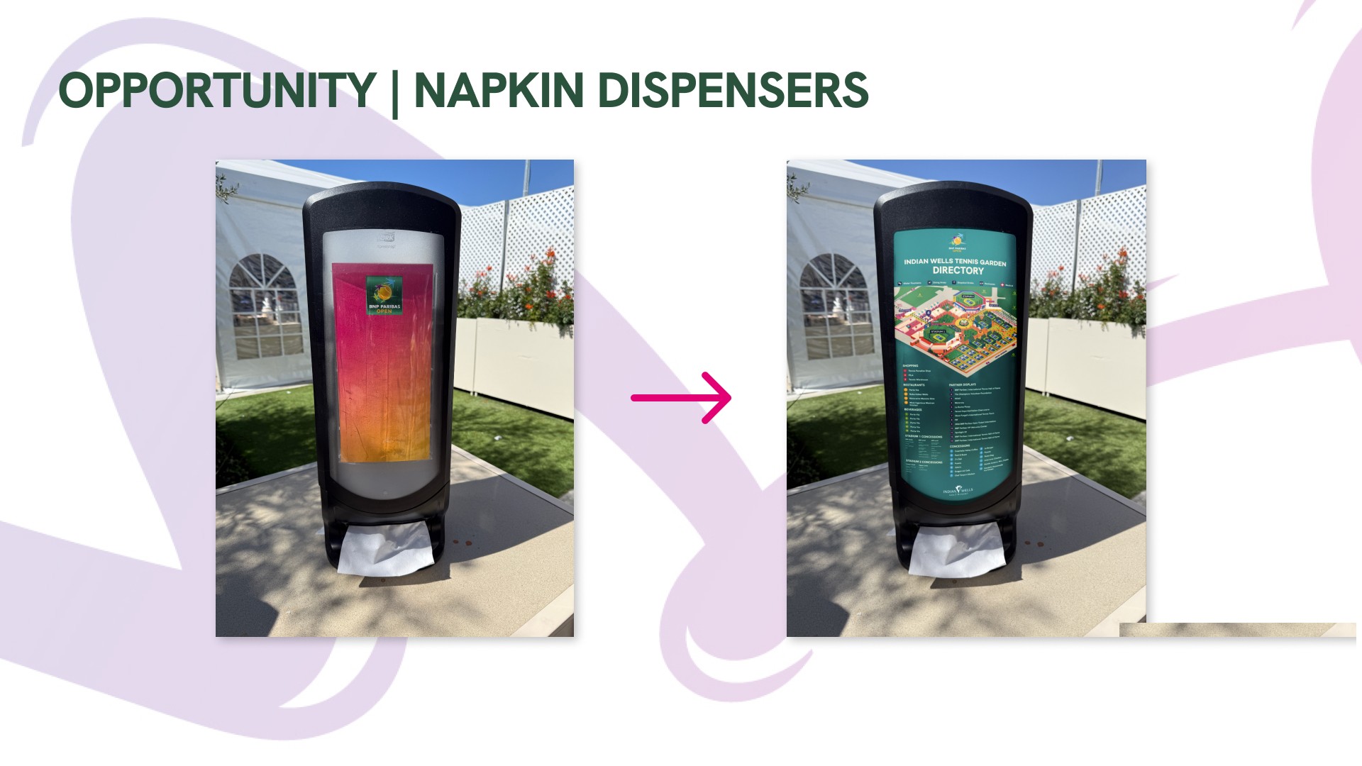 Napkin dispensers — before & after — page 12 of the Indian Wells post-event report