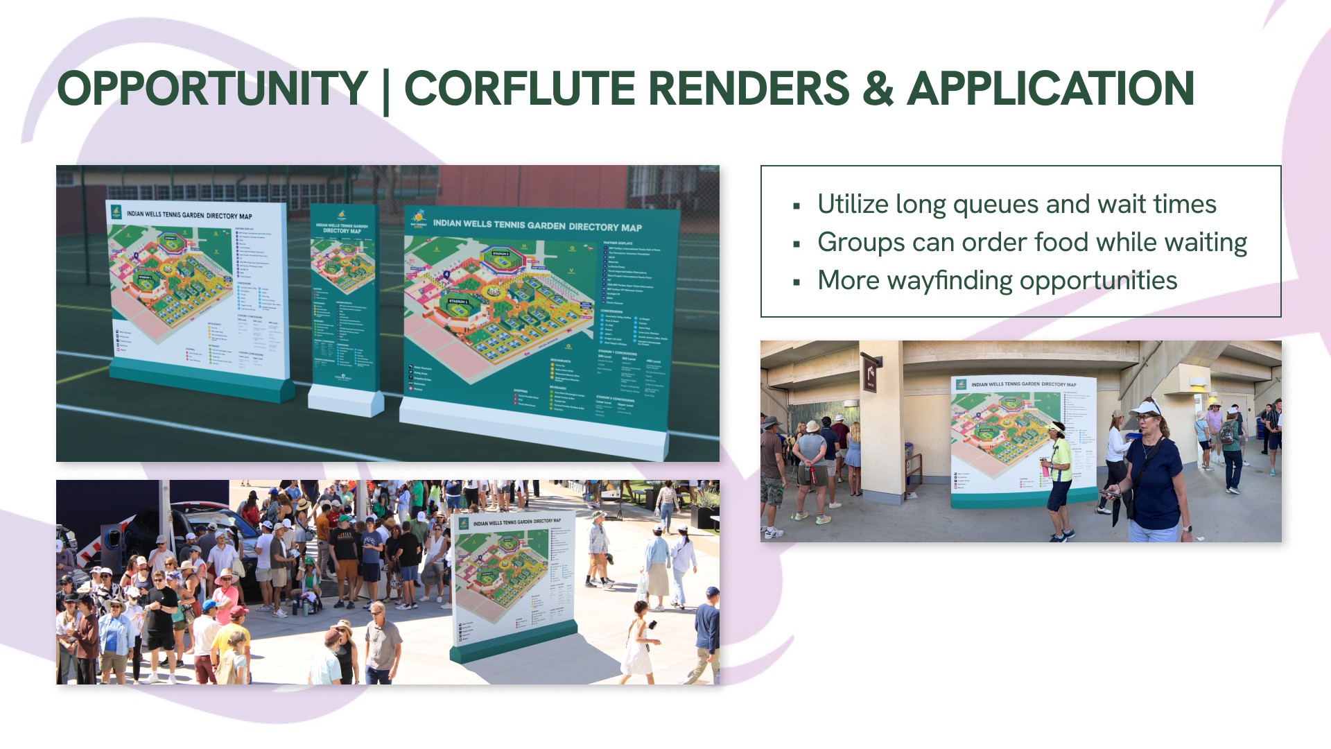 Corflute renders & application — page 14 of the Indian Wells post-event report