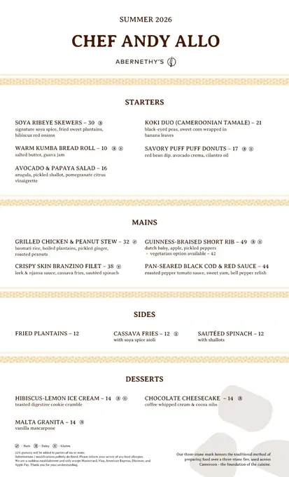 Abernethy&rsquo;s — Chef Andy Allo — menu