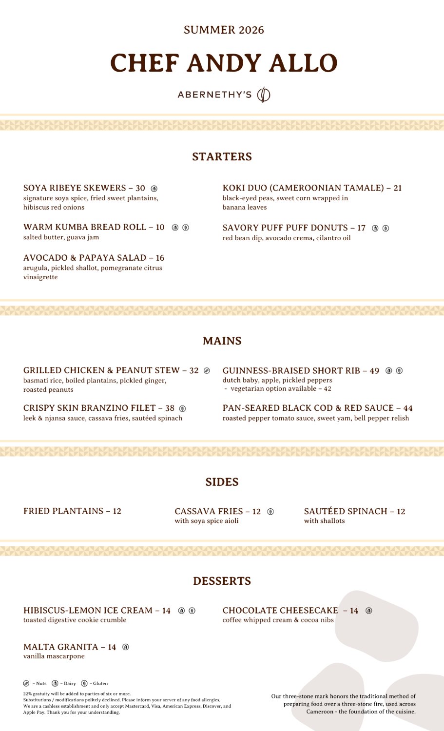Abernethy&rsquo;s — Chef Andy Allo — menu