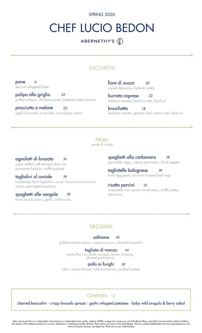 Abernethy&rsquo;s — Chef Lucio Bedon — menu