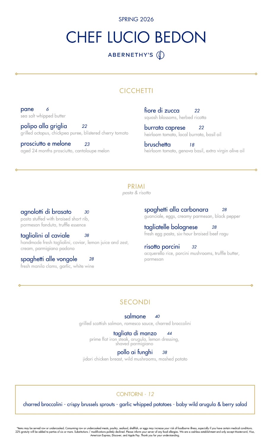 Abernethy&rsquo;s — Chef Lucio Bedon — menu