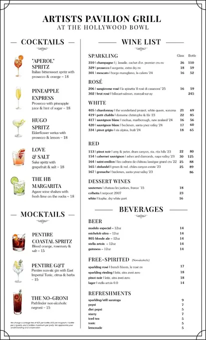 Artists Pavilion Grill — Wine list