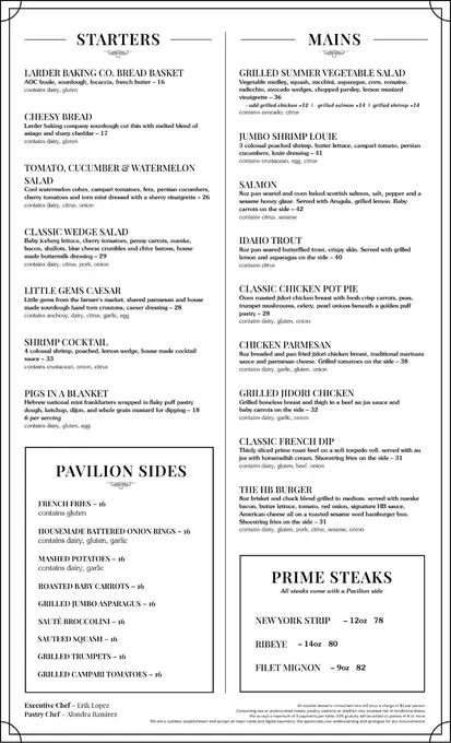 Artists Pavilion Grill — Food menu