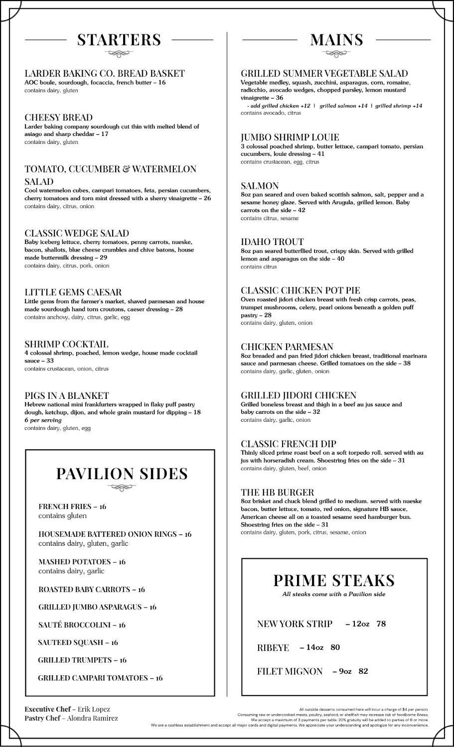 Artists Pavilion Grill — Food menu